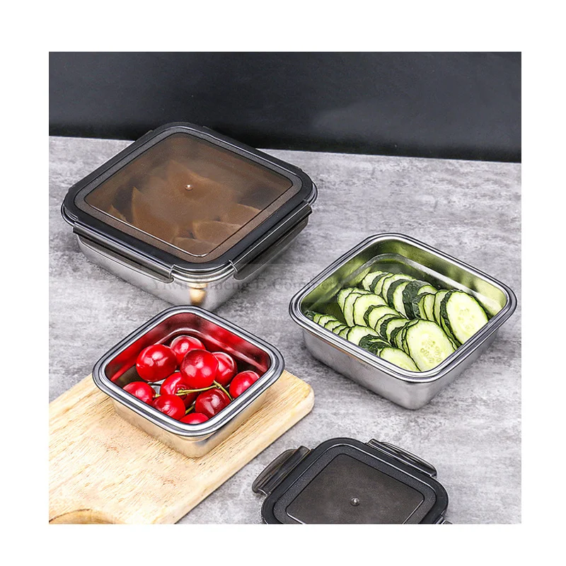 

1200ML Stainless Steel Fresh Box Square Three Pieces Refrigerator Fresh Keeping Sealed Box with Lid Small Bento Lunch Box