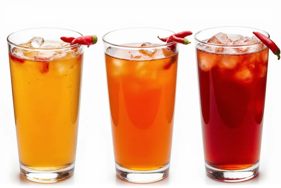 Three different cayenne pepper drink variations in clear glasses showing color differences from light orange to deep red