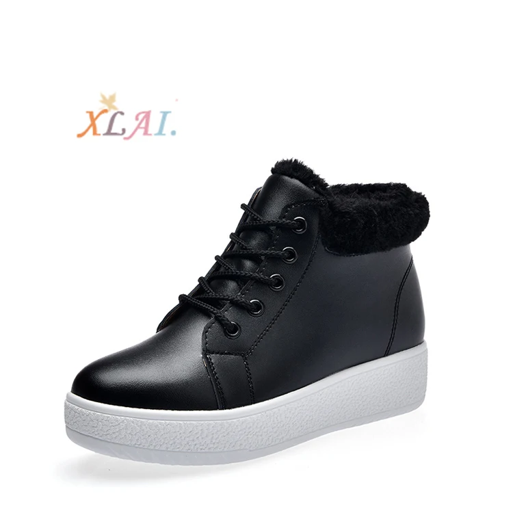 

XLAI Increased Thick-Soled Leather Boots Ladies Plus Velvet Warm Outdoor Shoes Pu Lace Waterproof Walking Footwear