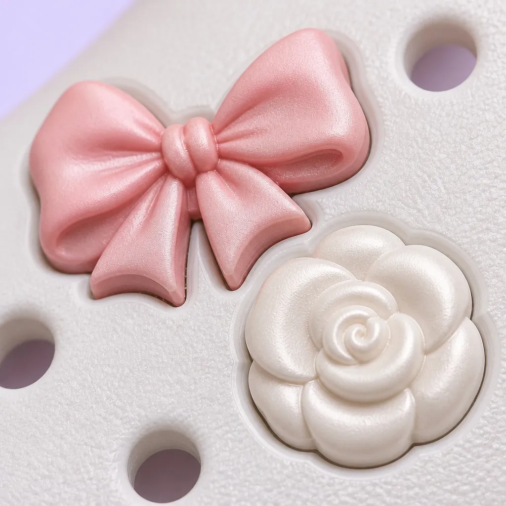 Macro detail of a blush ribbon bow and ivory rose charm seated in clog holes