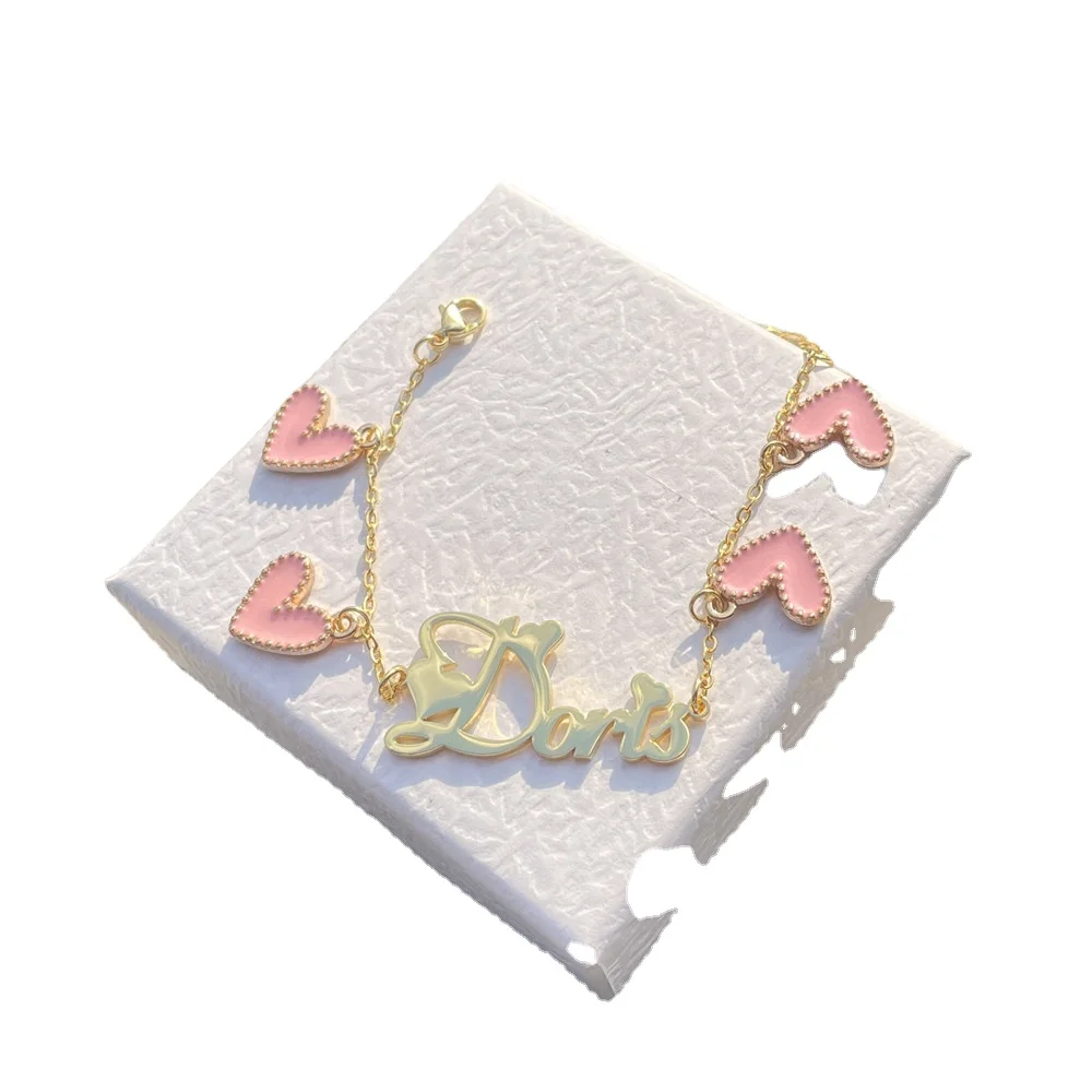 QIUHAN ODM Colorful Enamel Heart Charms Bracelet Girl DIY Personalized Custom Name Bracelet Gift