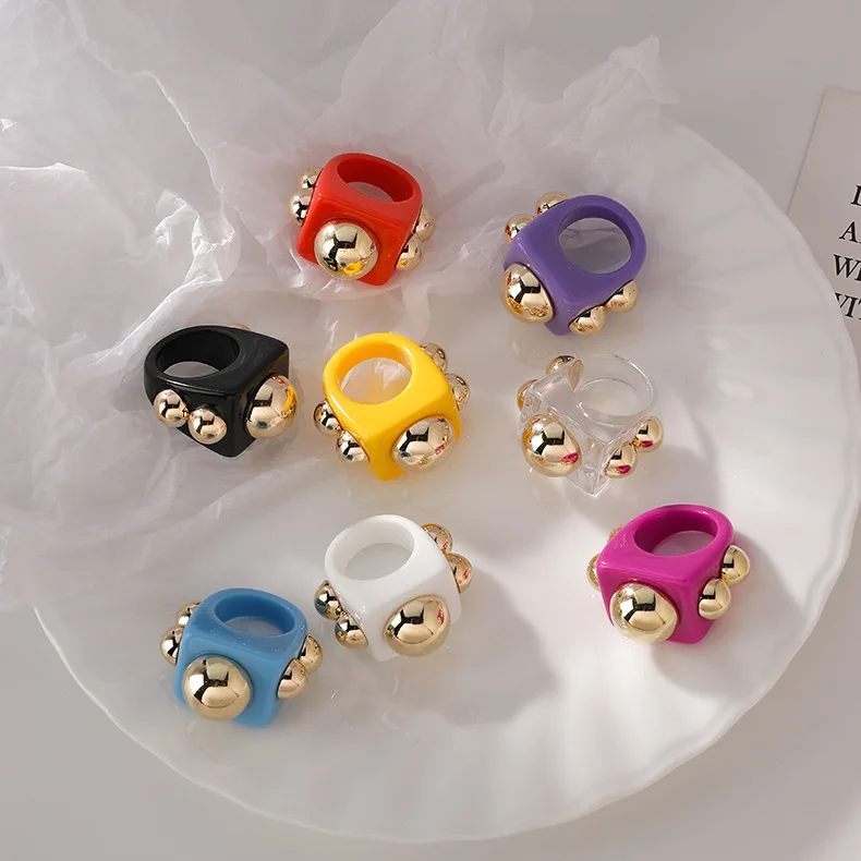 

New Neon Vintage Pink Candy Colorful Rings Metal Square Acrylic Blue Resin White Chunky Fruit Cute Trendy Rings, Multi