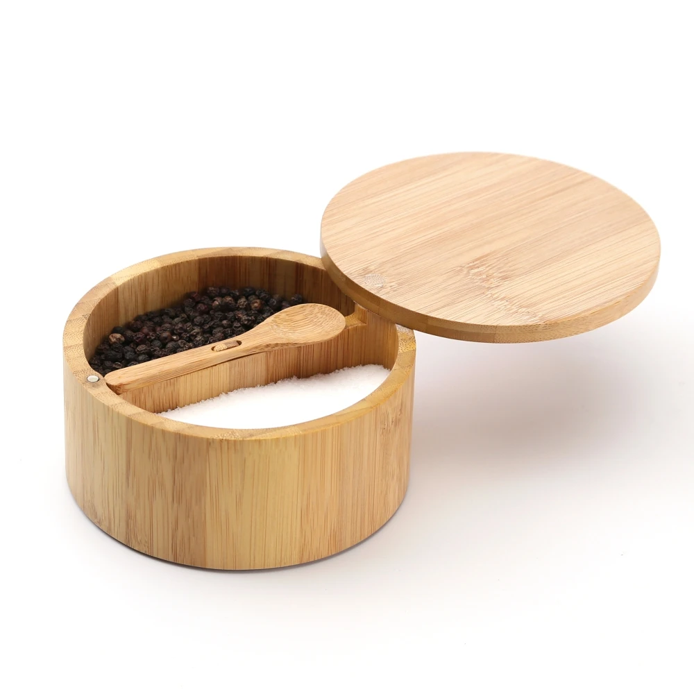 

Hot Selling 2 Compartment Built-in Serving Spoon to Prevent Lost Swivel Lid with Magnet 7 oz Bamboo Storage Salt and Pepper Box