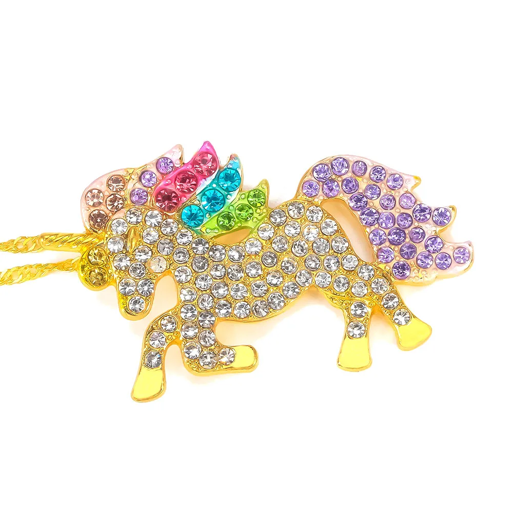 

Wholesale New Fashion Luxury Design Rhinestone Unicorn Necklace Crystal CZ Unicorn Pegasus Shape Stone Diamond Pendant For Women, Gold