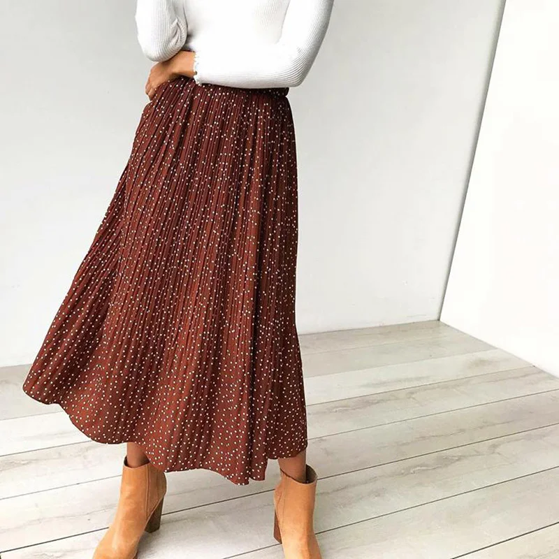 

White Dots Floral Print Pleated Midi Skirt Women Elastic High Waist Side Pockets Skirts Summer 2020 Elegant Female Bottom, Customized color