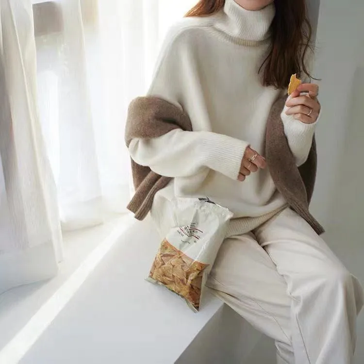 

2021 new women's knitted sweater turtleneck warm pullover simple and elegant sweater, As picture