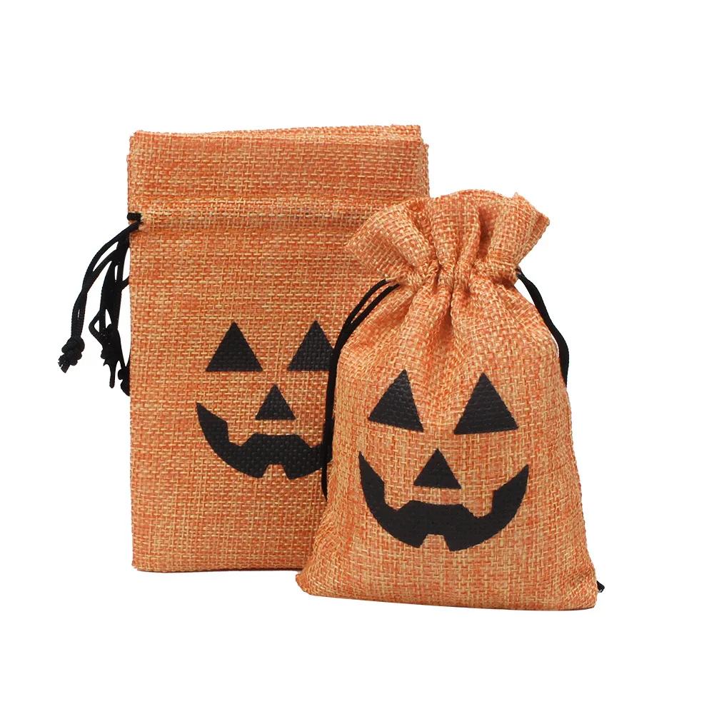 

Wholesale Halloween Linen Gift Bag Small Orange Pumpkin Christmas Gift storage Wrapping Linen Drawstring Pocket bags
