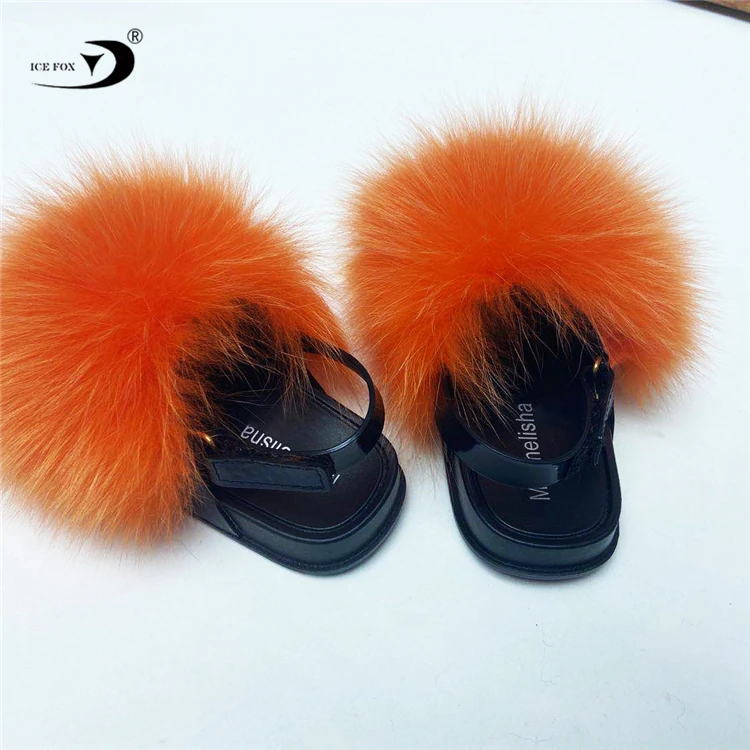 

China quality slippers 2021 newest fashionable colorful real fox fur slides for kids, Customized color