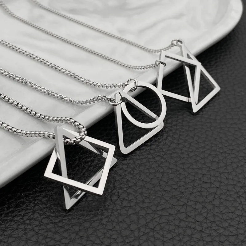 

Fashion Trendy Net Red Geometric Shapes Triangle Square Set Stainless Steel Pendant Necklace, Silver/black color