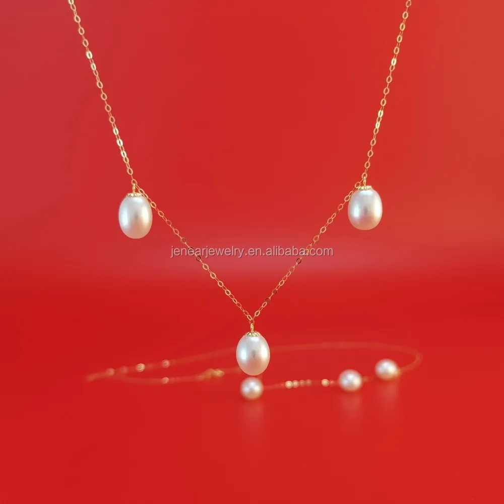 

Genuine 18k solid gold long chain natural pearl drop necklace real 18K AU750 yellow gold freshwater tear drop pearl necklace