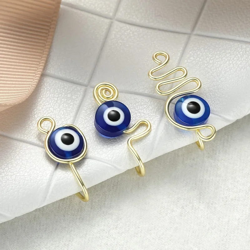 

New 2021 Blue Eyes Fake Nose Ring Clip Stainless Steel No Hole Non Piercing Jewelry Evil Eye Nose Cuffs