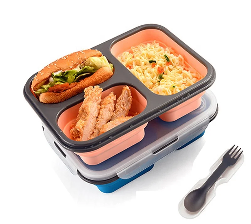 

3 Compartment BPA Free Microwave and Freezer Safe Food Storage Meal Prep Container Silicone Collapsible Folding Lunch Boxes, Pink, blue,grey,green