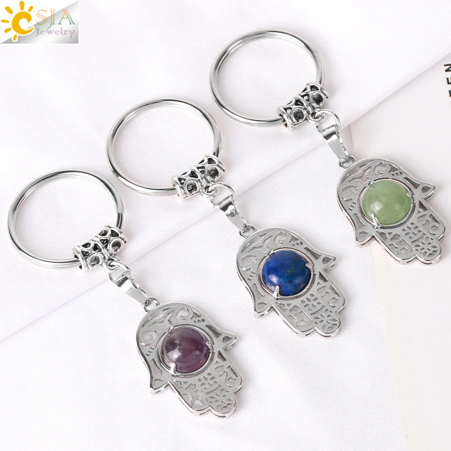 

CSJA new fatima hamsa hand natural stone crystal keychains wholesale car key ring keys chains accessories holder G987