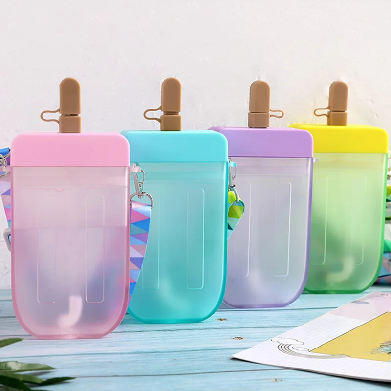 

Wholesale new arrival 2021 summer creative ice cream kids children straw bottle outdoor portable plastic water bottle with rope, As is or customized