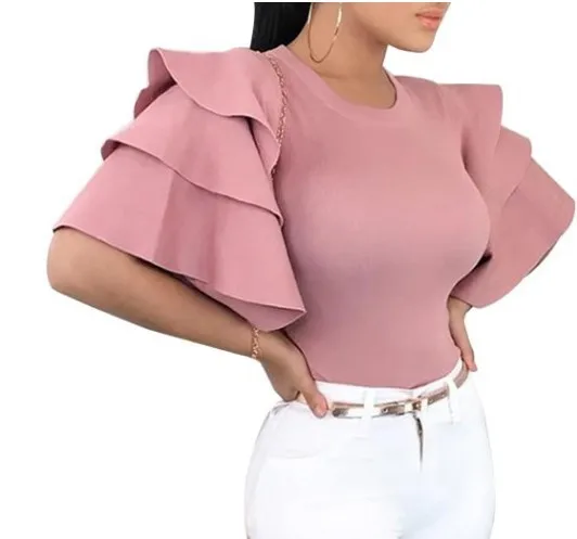 

Summer Fashion Women Casual Tops Clothing Pink T-shirt Ladies Women Casual Solid Ruched Sleeve Blouse, Yellow/wine red/pink/blue