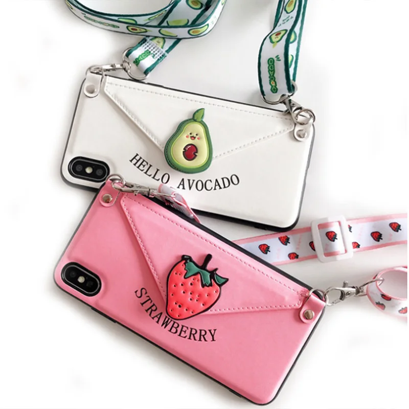 

leather Handbag Phone Case Crossbody Purse Wallet with handy ketten Chain Wrist Strap credit card holder Strawberry avocado case, White and pink