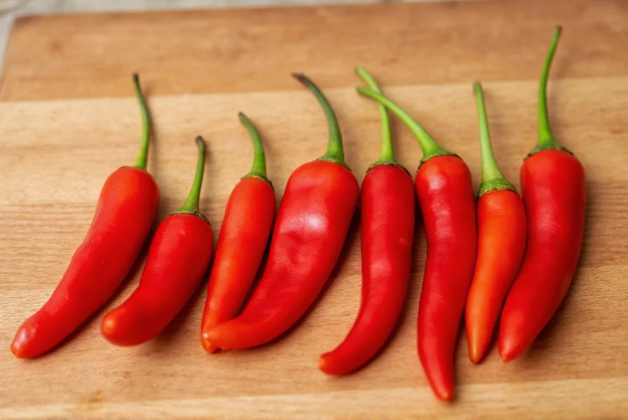 Close-up comparison of different small red chili varieties showing size differences and color variations on wooden cutting board