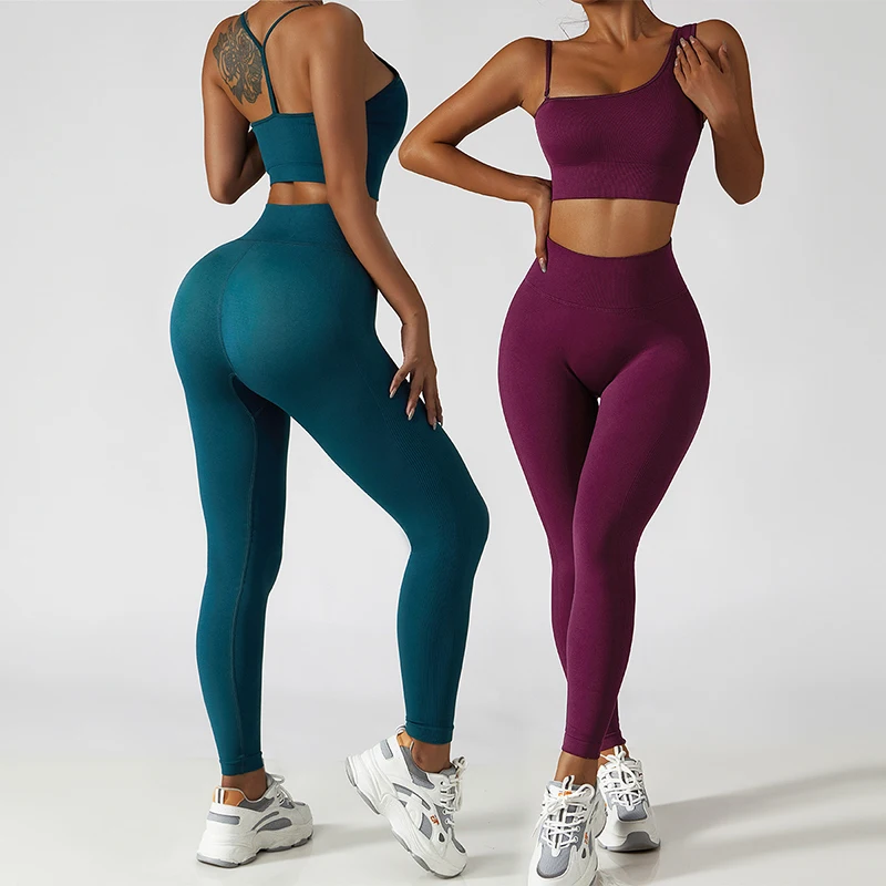 

New Ribbed Seamless 2/3 PCS Yoga Suit Set Women Straps Bra High Waist Leggings Gym Fitness Outfit Sports Running Wear