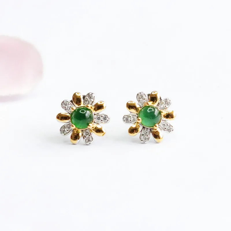 

S925 Silver Inlay Natural Emerald Ice-Like Emperor Green Flower Ear Studs Earrings Live Delivery 2042706