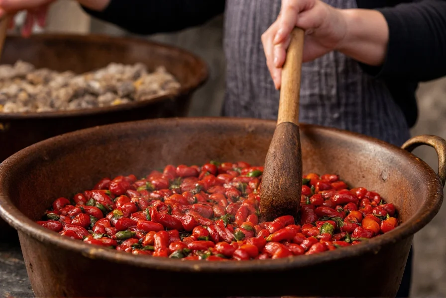 Traditional Turkish woman making biber salçası by hand, peppers roasting over open flame, wooden spoon stirring in copper pot