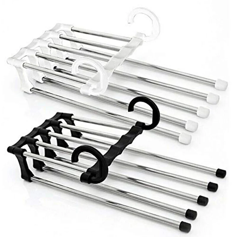 

5 in 1 Stainless Steel Adjustable Foldable Pants Trousers Rack Hangers, White,black