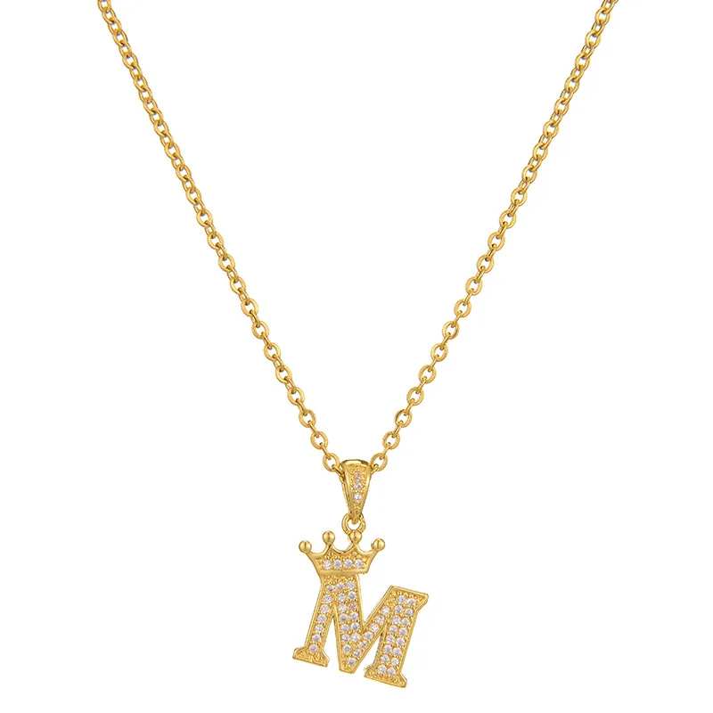 

Fashion Crown 26 letter pendant necklace with copper microinlaid zircon stainless steel collarbone chain for women