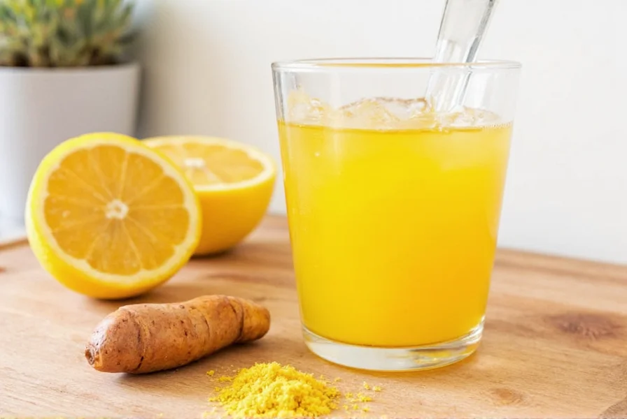 Fresh turmeric root and prepared turmeric shots in small glasses