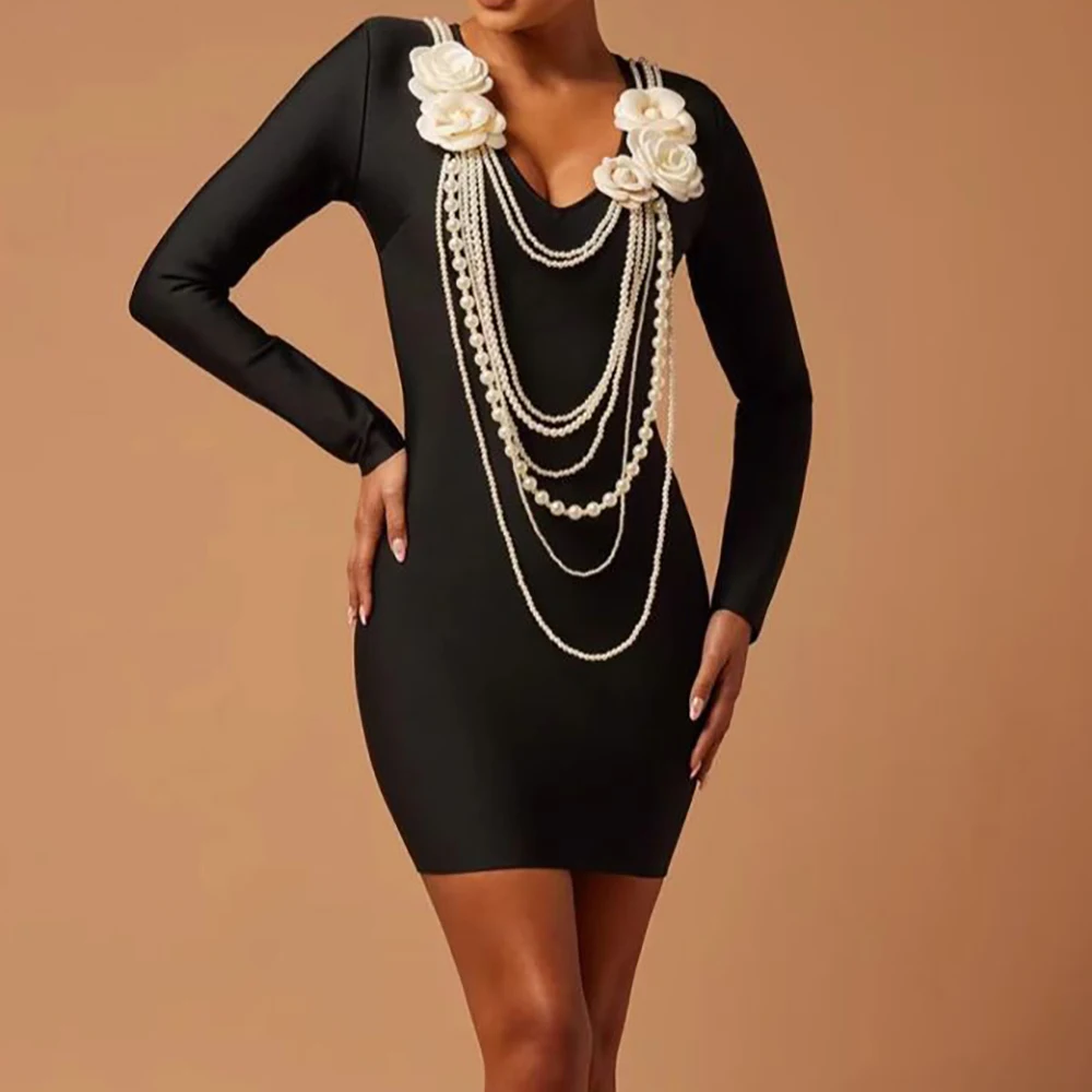 Long Sleeved Knitted Pearl Necklace Flower Style Dress