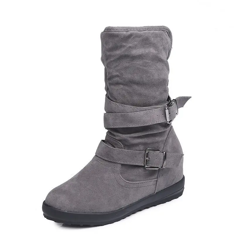 

Amazon AliExpress Hot Selling Women's Boots Plus Size Pure Color Plus Velvet Wedge Belt Buckle Womens Brown Boots