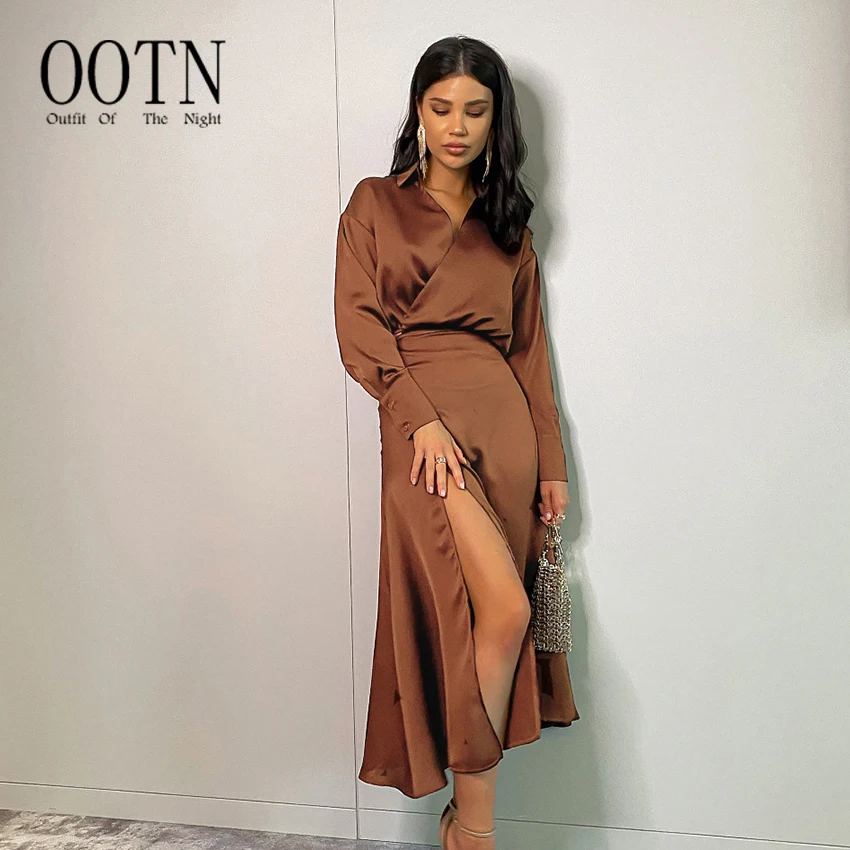 

OOTN Women 2piece skirt set Brown Solid Office Lady Set Satin V-neck Top and Midi Skirt Set