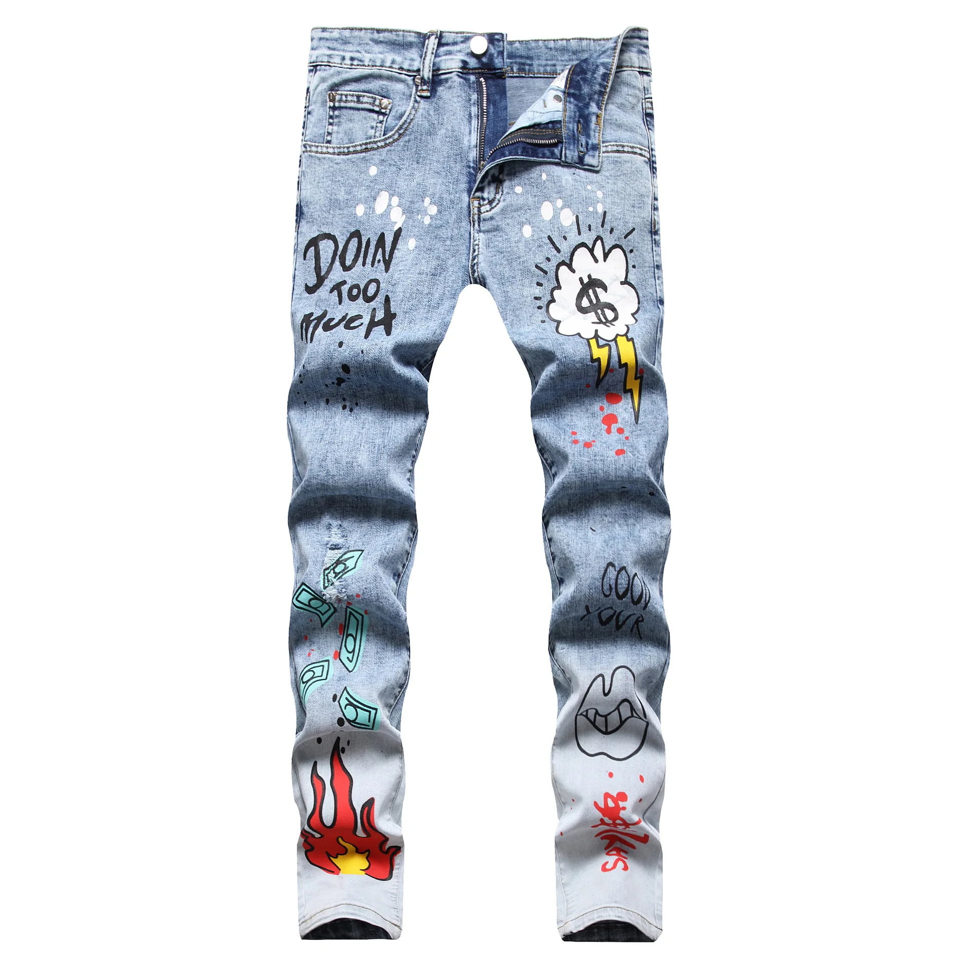 

New men's jeans street style printed denim jeans men straight tube ripped jeans for men