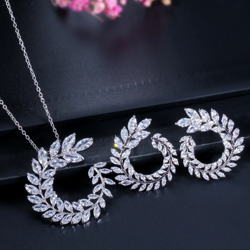 Women Costume Jewelry Long Leaf Olive Branch Marquise Cut Pendant Necklace and Earring Sets with Sparkly White Cubic Zirconia