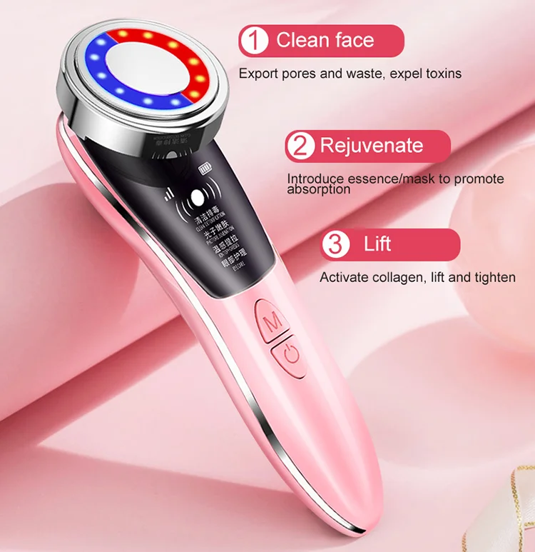 

portable EMS Skin Tightening Machine massage facial beauty device hand-held ultrasonic facial massager for face Deep Cleaning, Pink