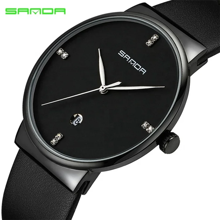 

SANDA 10mm Super Slim Men's Watches Leather Business Leisure Calendar Quartz Watch Male Clock