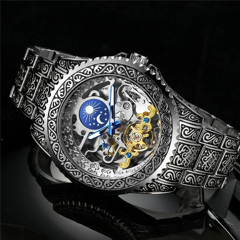 Forsining Men Tourbillion  Mechanical Wrist Watch Moon Phase Stainless Steel Male Relogio Masculino Watch for Men