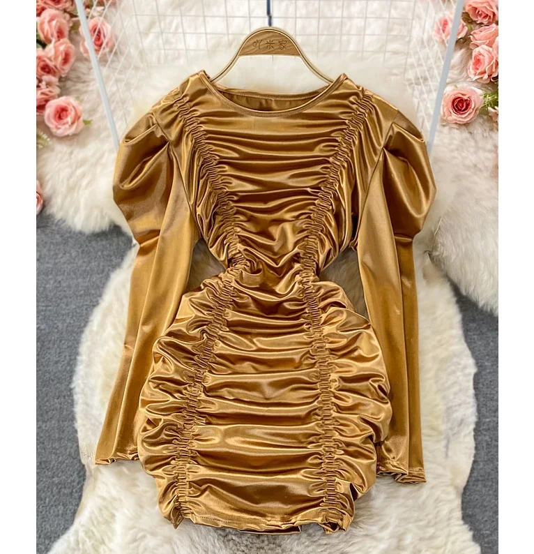 

2022 Spring Fall Women'S Fashion Casual Clothing Sheath Wrinkled Satin Wrap Full Sleeve Evening Dress
