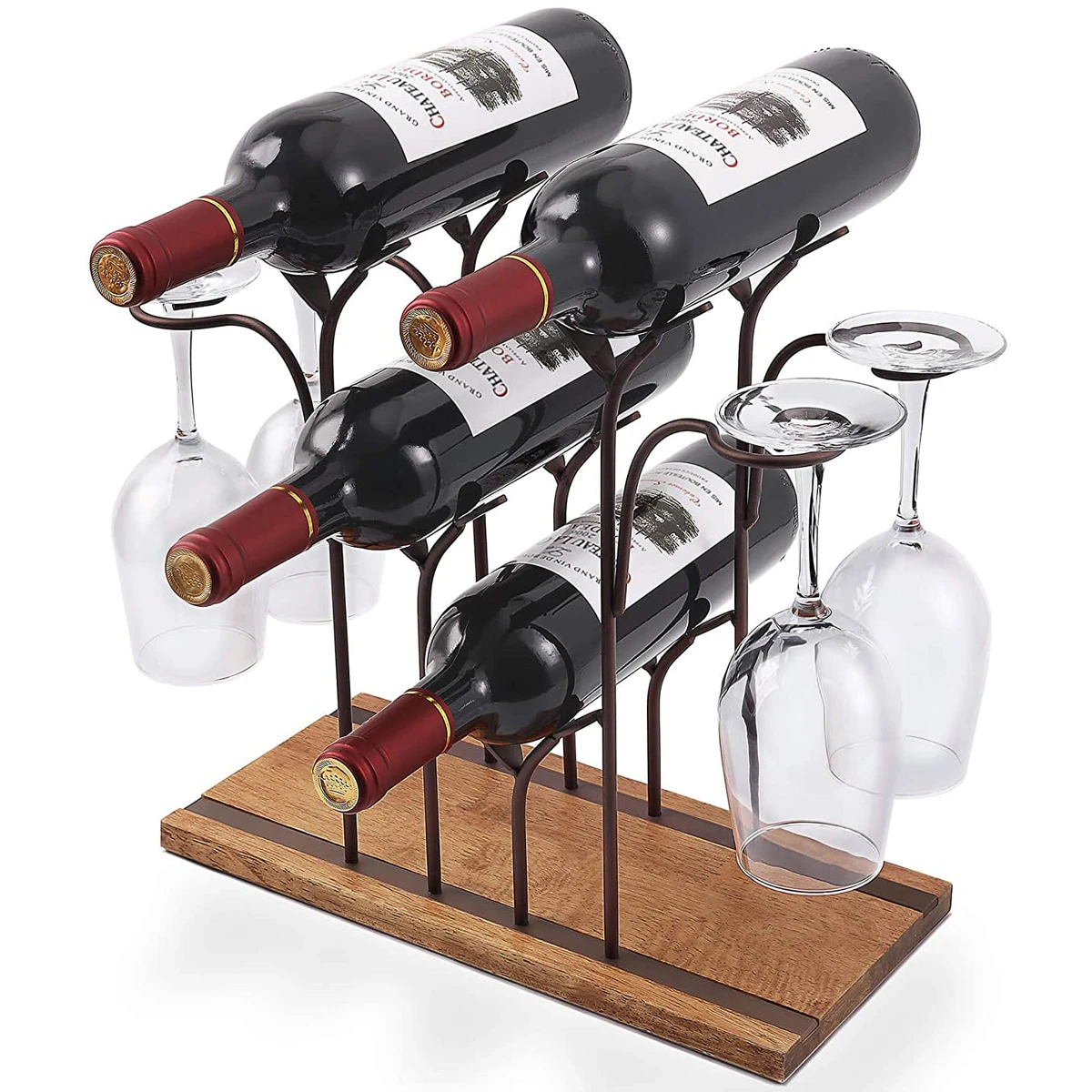 

Tabletop Wine Holder Countertop Wine Rack for Home Decor Kitchen Storage Bar, , Hold 4 Wine Bottles and 4 Glasses, Bronze