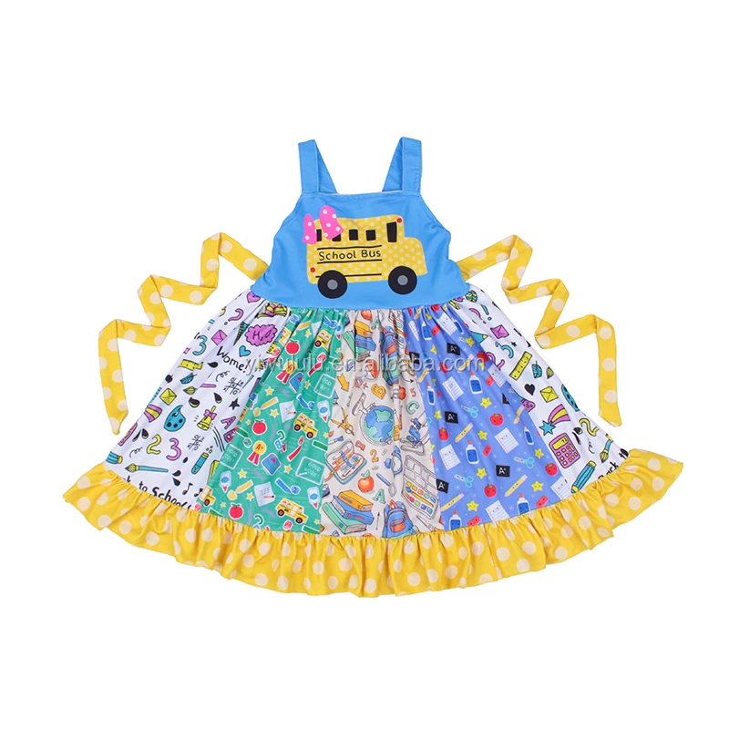 

Top Fashion Baby Girl A-line Dress Go Back To School Bus Embroidery Waistband Ruffle Bottom Twirl Dress, Blue