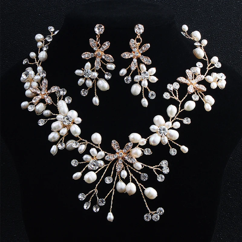 

Jachon New pearl Crystal Elegant Bridal Jewelry set handmade pearl necklace earrings set, Picture