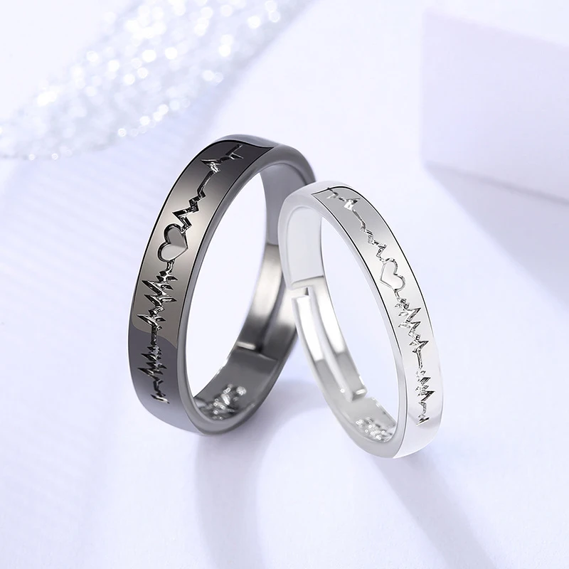 

RisingMoon 2Pcs Love Heart Electrocardiogram Black Silver Color Couple Open Rings For Couples Valentine'Day Gift