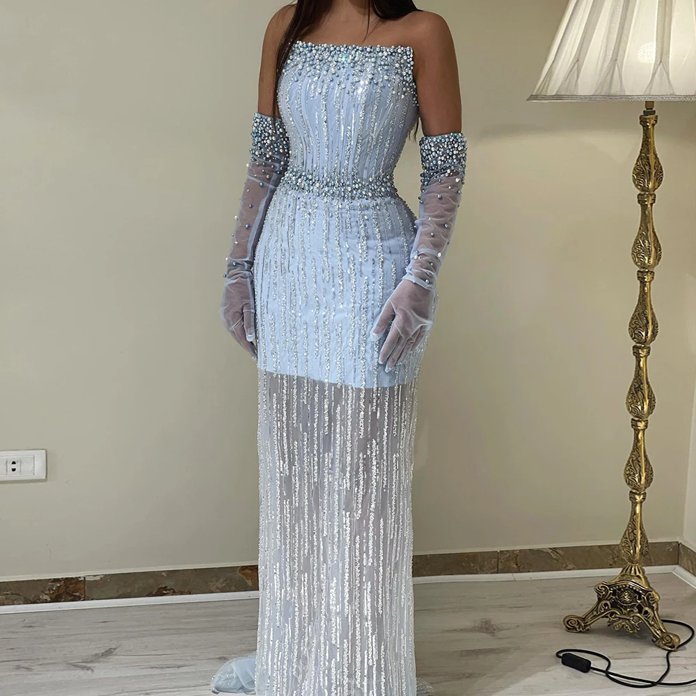 

Jancember Light Blue Pearls Luxury Dubai Evening Dresses 2023 Elegant Strapless Arabic Women Wedding Party Formal Gowns Scz139
