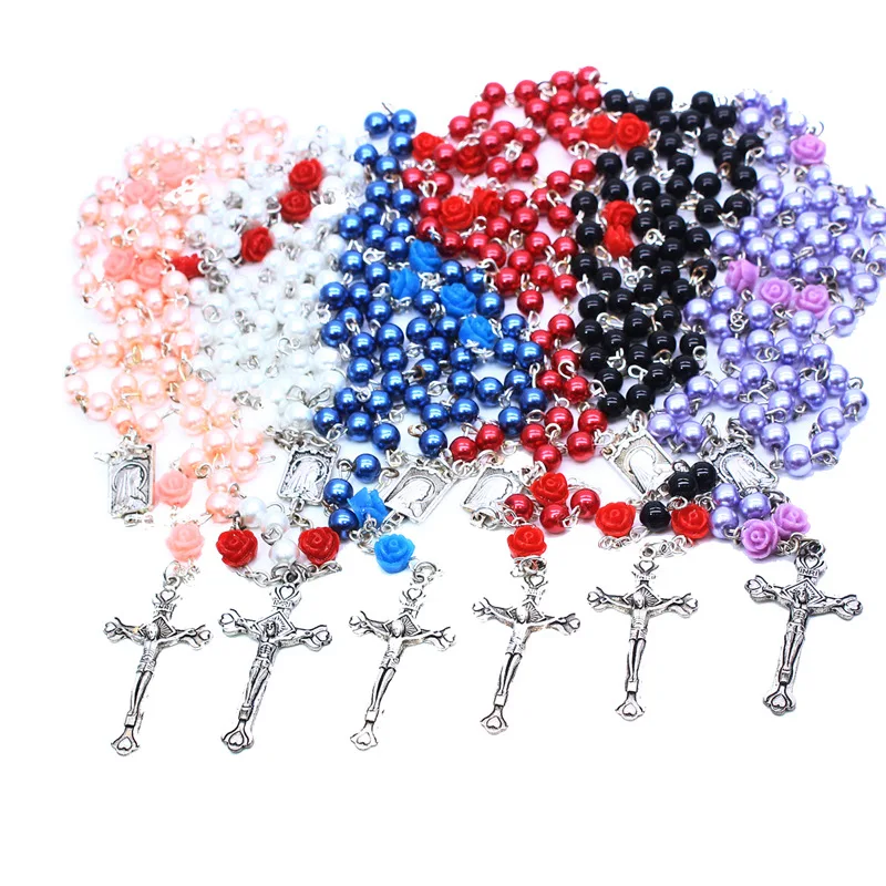 

High Quality Sell in stock good Candy Colors Christian Cross Crystal Religious Catholic Wholesale Glass Beads Rosaries