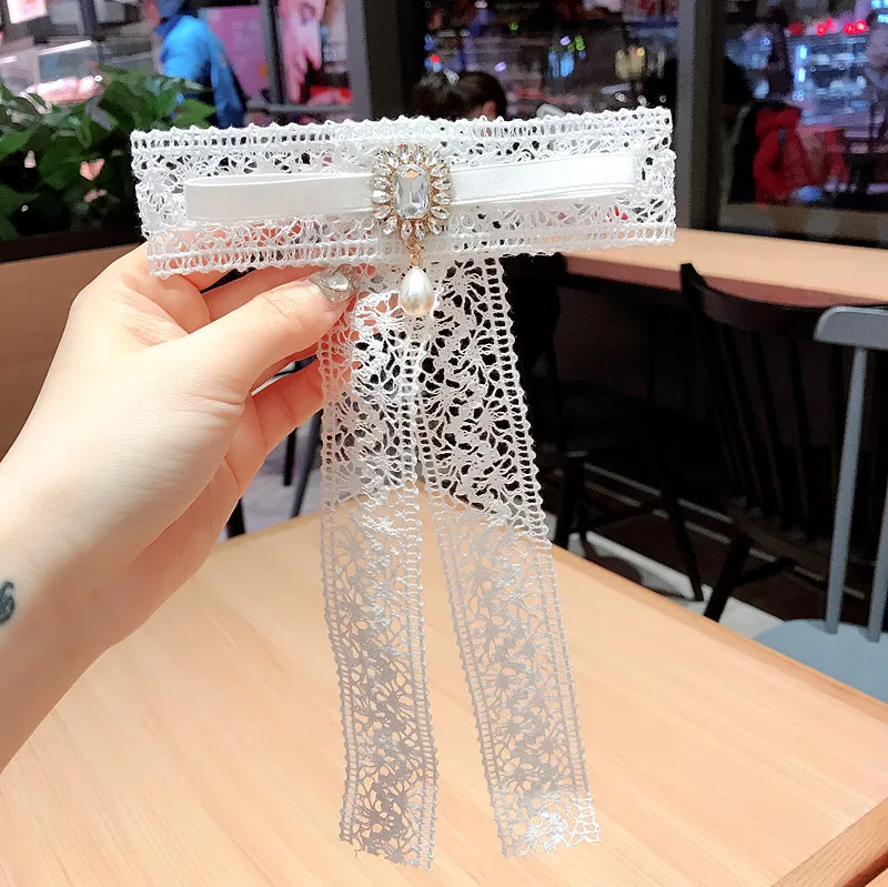 

15*25cm hollow lace silk fabric bow bowknot brooch crystal rhinestone accessories necktie tie ribbon brooch women female gift, Picture