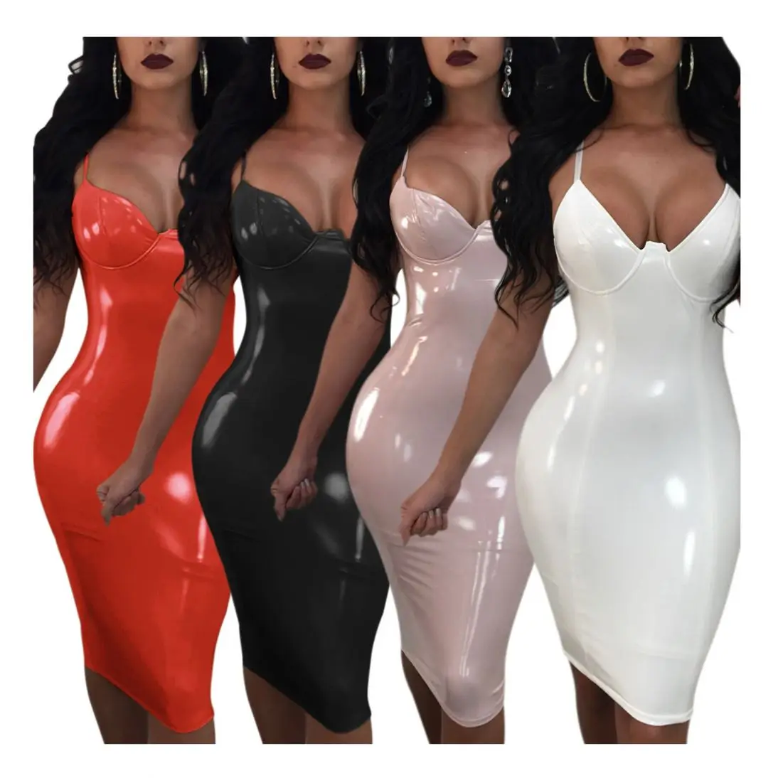 

pu leather deep v neck sexy women bodycon evening club midi dress, Red, black, pink, white