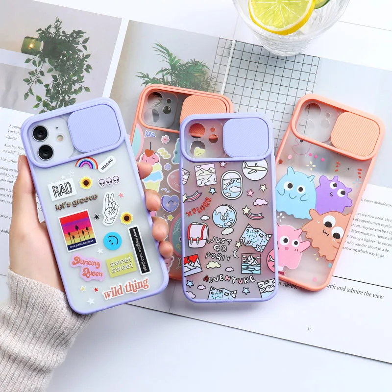 

Amazon TPU Cell Phone Case FOR Iphone 6-13 Pro Painted Cute Cartoon Push Window Lens Protect Slide Phone Case With Camera Cover, Pure color