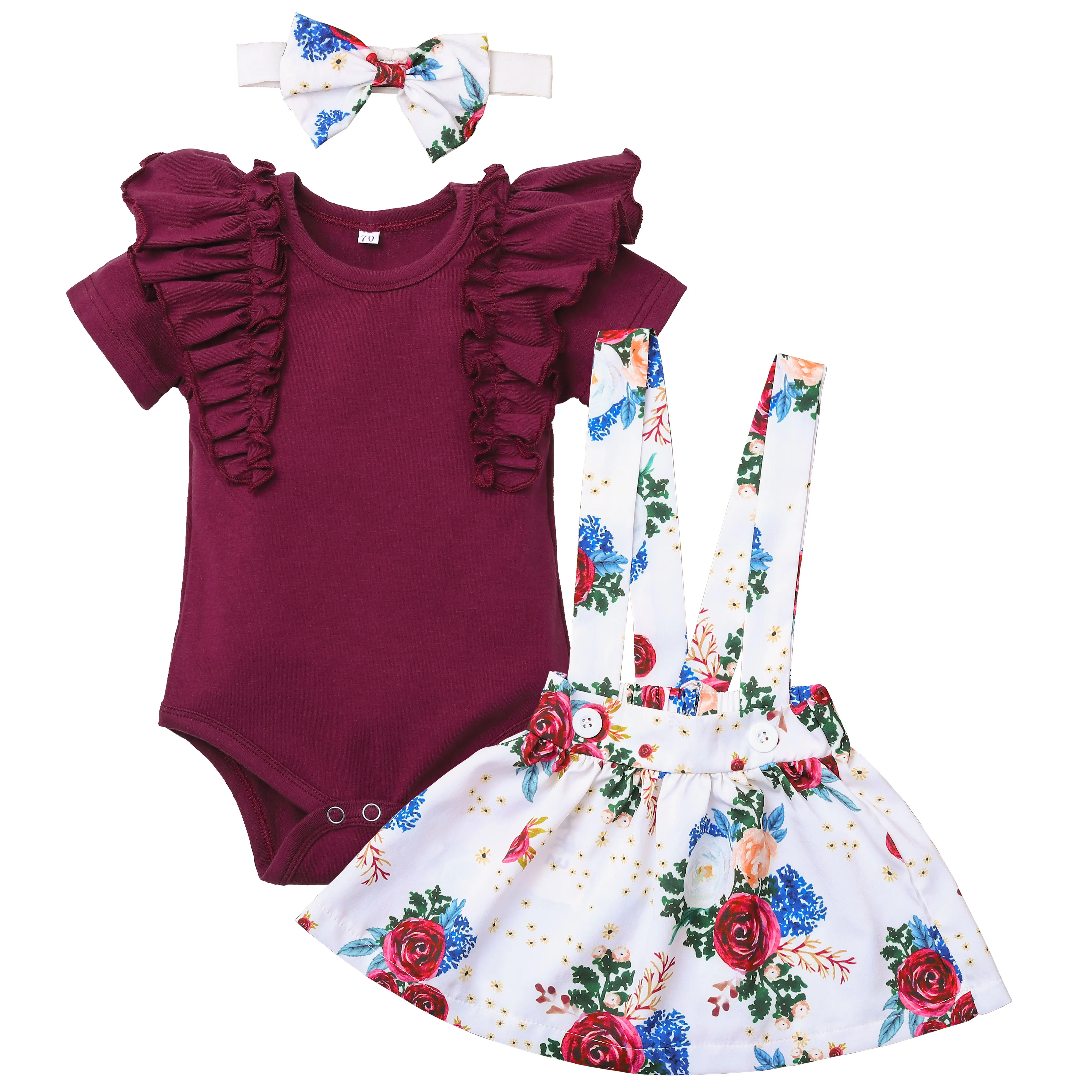 

Newborn Sets Baby Girl Infant Outfits Clothes Fly Sleeve Wine Red Garment Tops Floral suspenders Skirt Hair Band 3Pcs