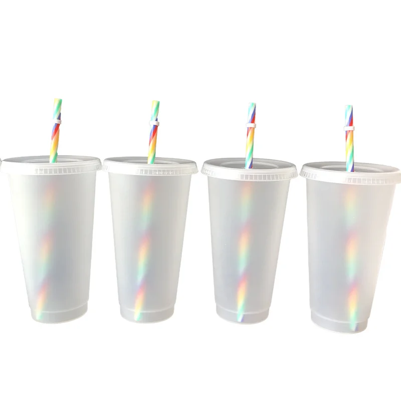 

BPA Free Reusable Cold Frosted 24OZ Clear Cups With 7 Colors Coloreful Straws, 5 colors
