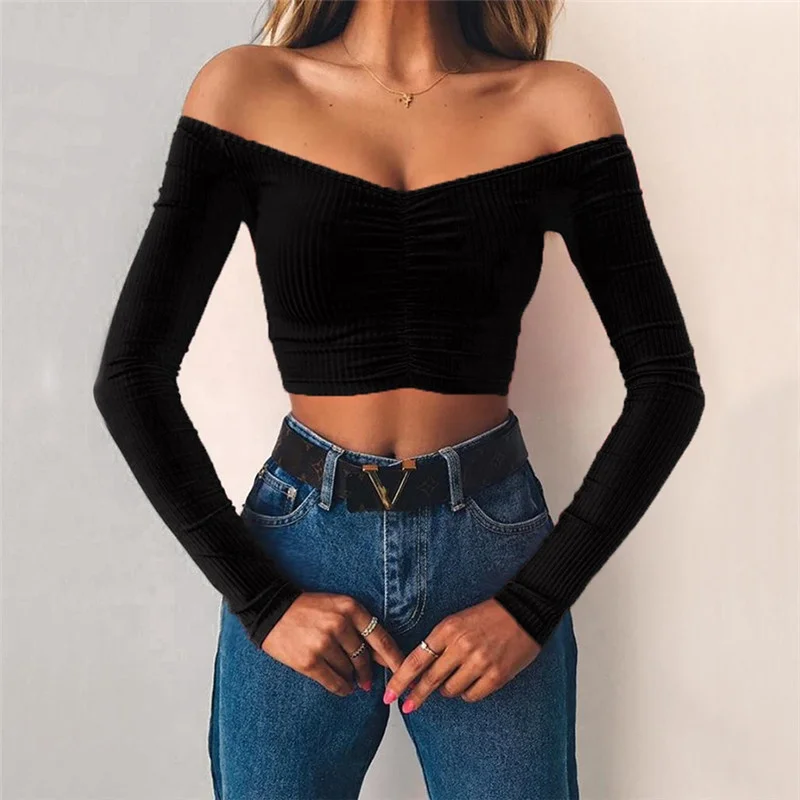 

8167 2021 Spring New arrivals fashion sexy long sleeve crop Top off shoulder shirts casual corset top, As picture or customized make