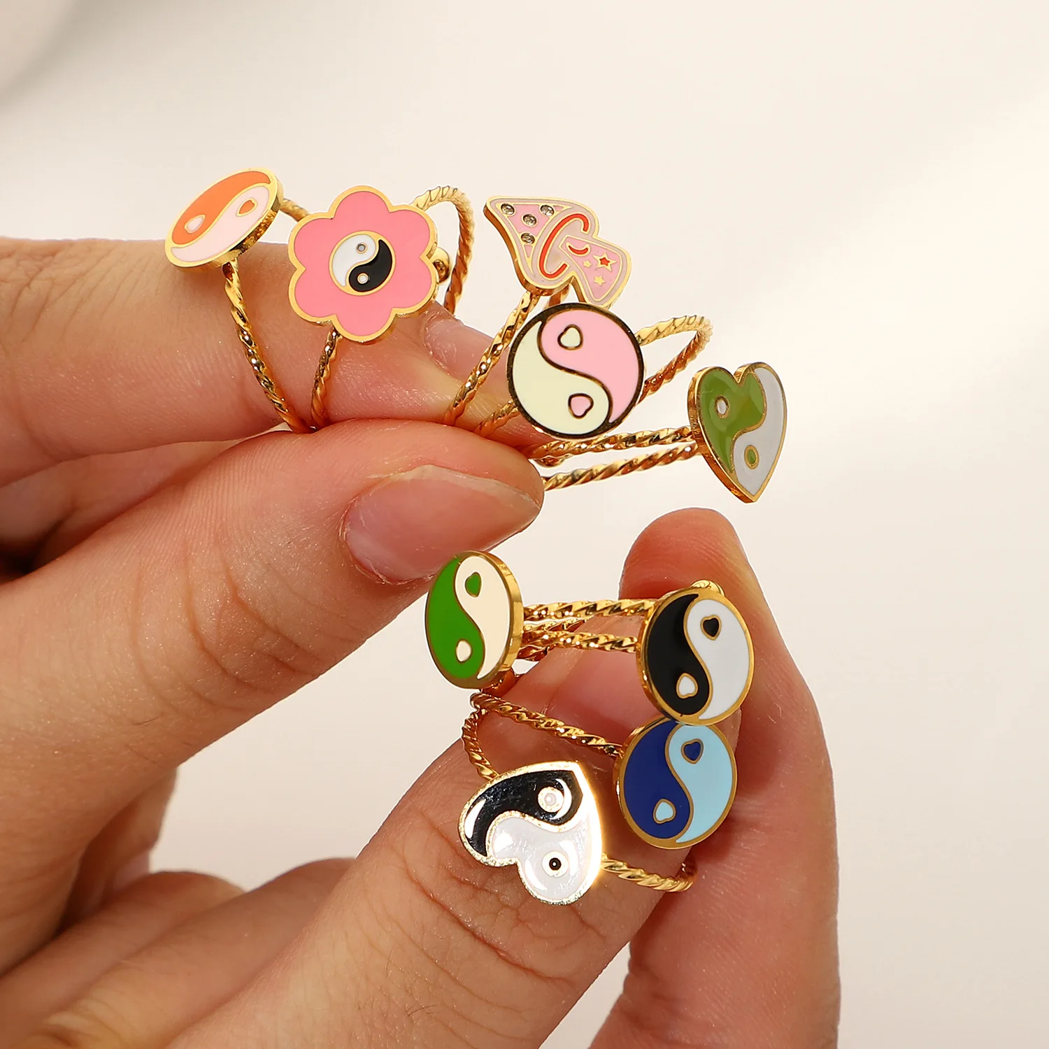 

Ins Trend Ring Pink Drip Glaze Tai Chi Yin And Yang Heart Stainless Steel Gold-Plated Open Ring Female
