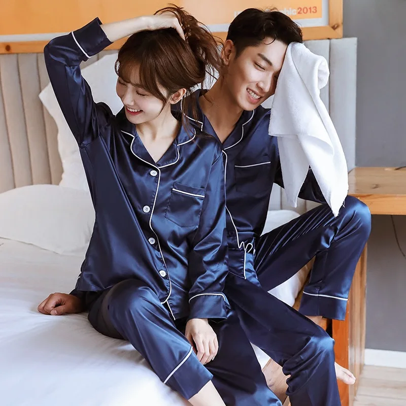 

2021 Autumn and winter family sleepwear 2 piece silk pajamas long sleeve pajama sets for men and women, As shown